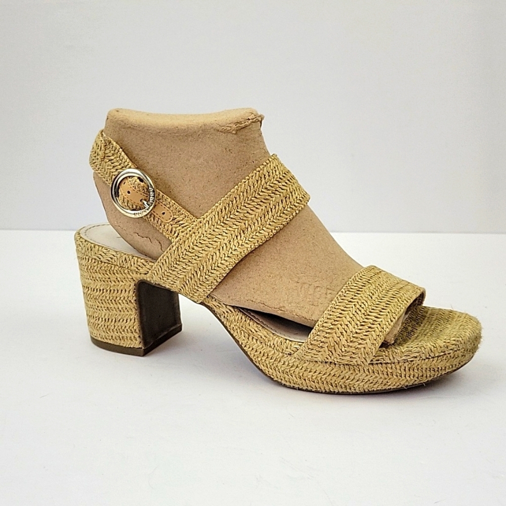 Anne Klein Padrino Woven Raffia Block Heel Open Toe Sandals Tan  Size 8.5 - Picture 4 of 15